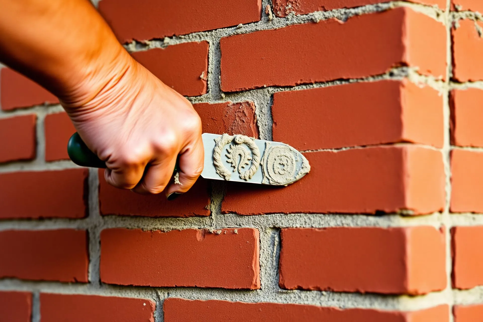 Mason hand-tuckpointing a brick wall
